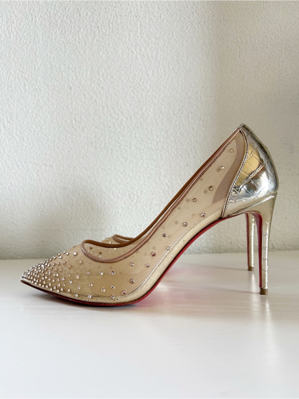 Christian Louboutin Follies Strass Mesh Crystal Embellished Heels Gold EU 39